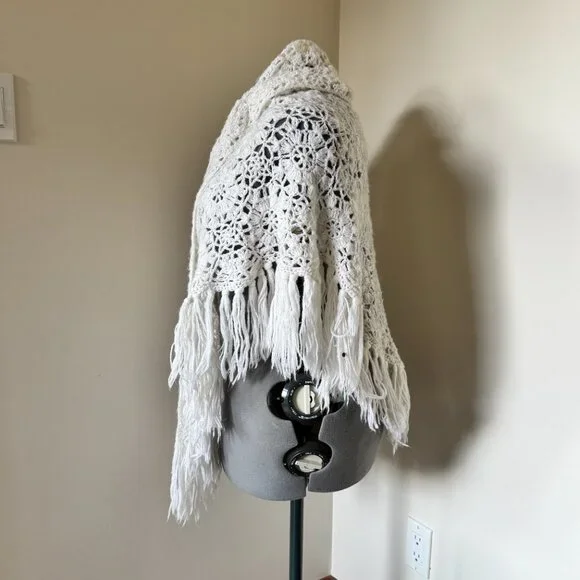 Handmade Crochet Shawl Wrap Ivory Fringe Boho Cottagecore - Picture 3 of 10